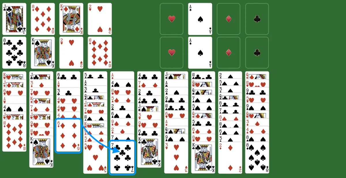 Move a card to another tableau pile in freecell two deck game