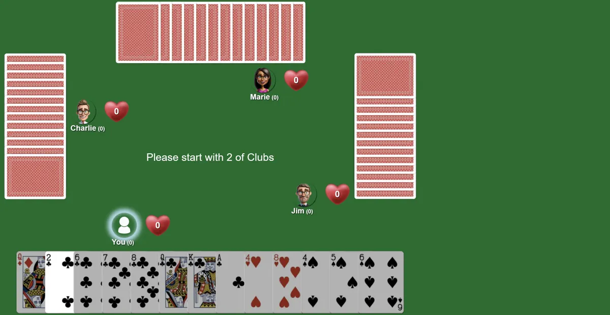 Play 2 of clubs in hearts