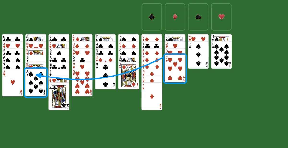 Move a card to another tableau pile in simple simon solitaire